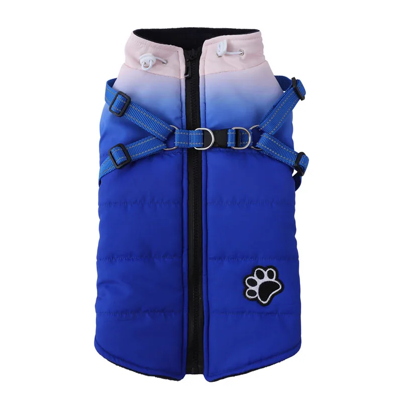 thumbnail image 1 of Chaqueta de moda para perros con arnés, ropa reflectante de invierno para perros pequeños y grandes, chaleco, abrigo de nieve, traje francés para chihuahua, 1 of 5