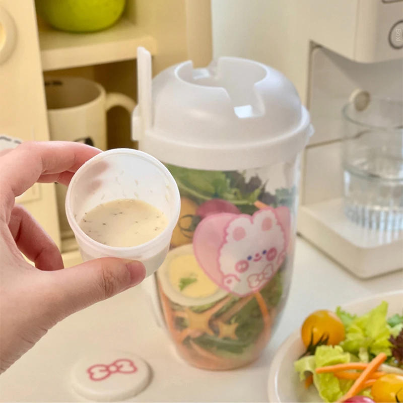 Cute Plastic Salad Cup With Sauce Container Lid Picnic Bottle