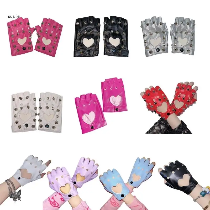 

X7YA Cool Girls Half Finger Gloves Punk Style Rivet Studded Hollowout Gloves for Festival Party Nightclub SubcultureGloves