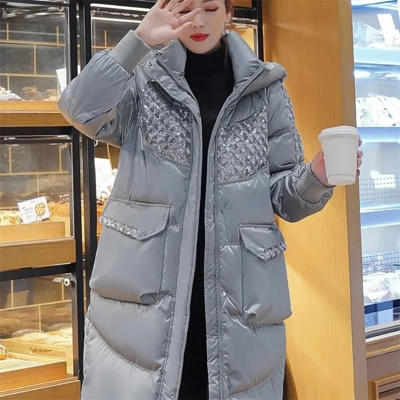 

Velvet High-end Standing Collar Hooded Warm Glossy Down Cotton Jacket Over Knee For Women in Winter 2023 New Sequin Coat Trend