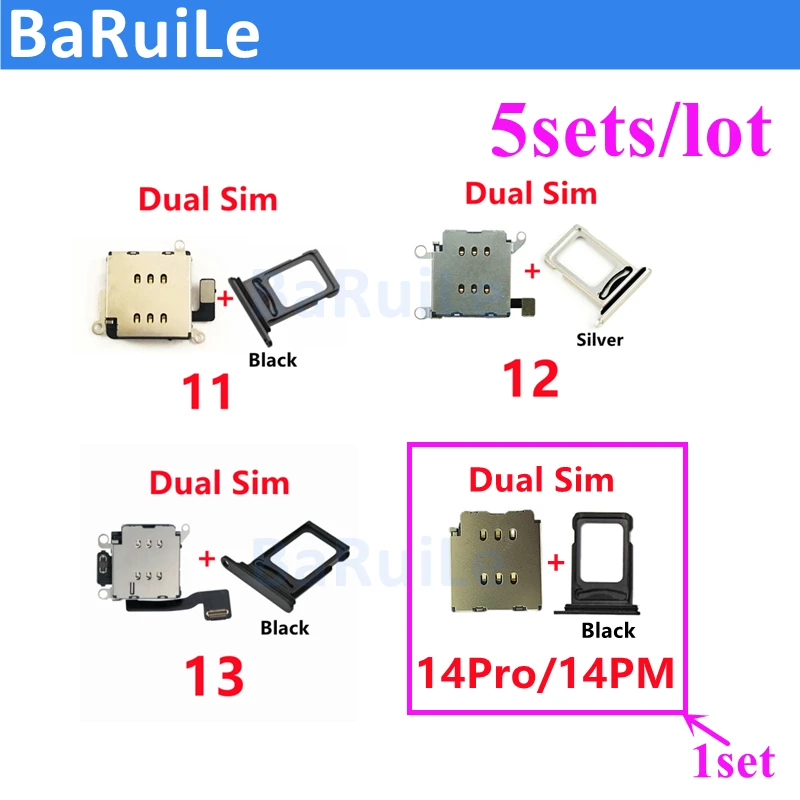 BaRuiLe 5sets For iphone 11 12 14 Pro Max 13 XR Dual Sim Card Reader Adapter + Dual Sim Tray holder For iPhone 14 Plus