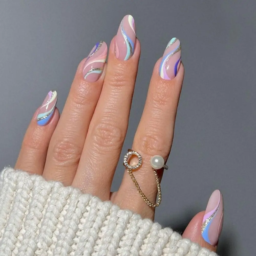 24pcs Long Almond Press-On False Nails - Colorful Wavy Flowers