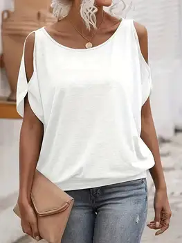 Women's Tee Top Cold Shoulder Short Sleeve Solid Soft Knit Loose Tops Casual Tee Spring Summer Chic Tee Daily Breathable Tops 1