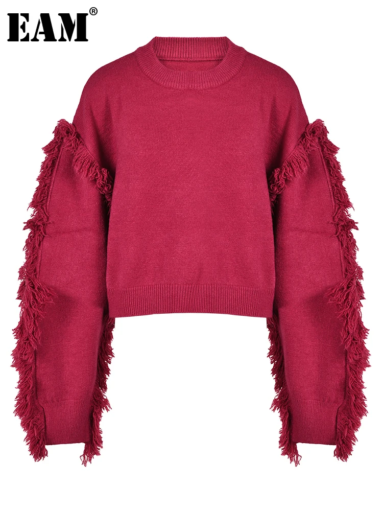 

[EAM] Loose Fit Red Tassels Casual Sweatshirt New Round Neck Long Sleeve Women Big Size Fashion Tide Spring Autumn 2023 CP2146