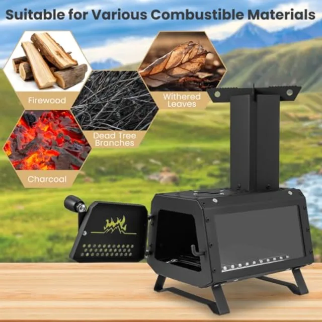 Portable Camping Wood Stove with 2 Cooking Positions Anti-Scalding Door Handle Glass Window Tabletop Fire Pit for Outdoor Cooki 4