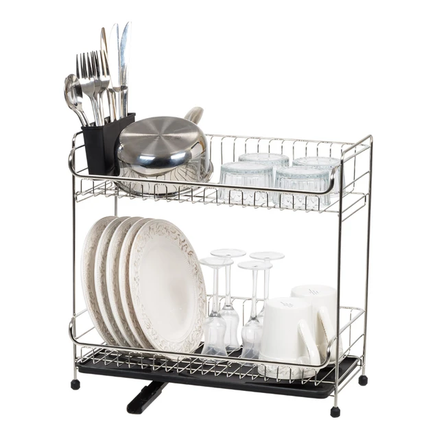 2-Tier Stainless Steel Slim-Sized Dish Rack with Drain Spout