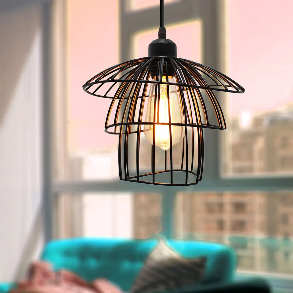 Lampadario A Sospensione Geometrico In Metallo, Stile Retrò Industriale, Paralume A Gabbia HOWNY, Diametro 20cm X Altezza 21cm, Colore Nero