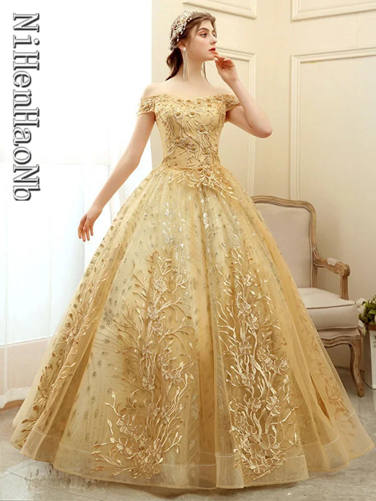 Quinceanera Dresses Wedding Dress Red Royal Blue Gold Ball Gown Boat Neck Embroidery