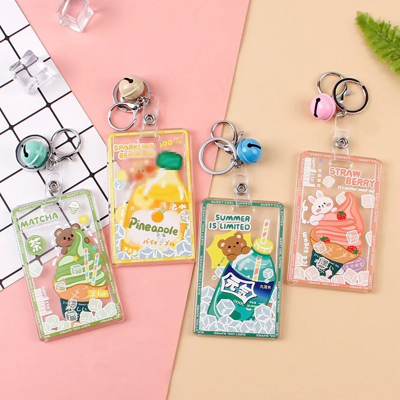 Transparent Cartoon Acrylic Card Case for Kids Student ID Card Case Bell Keyring Buckle Protection Sleeve