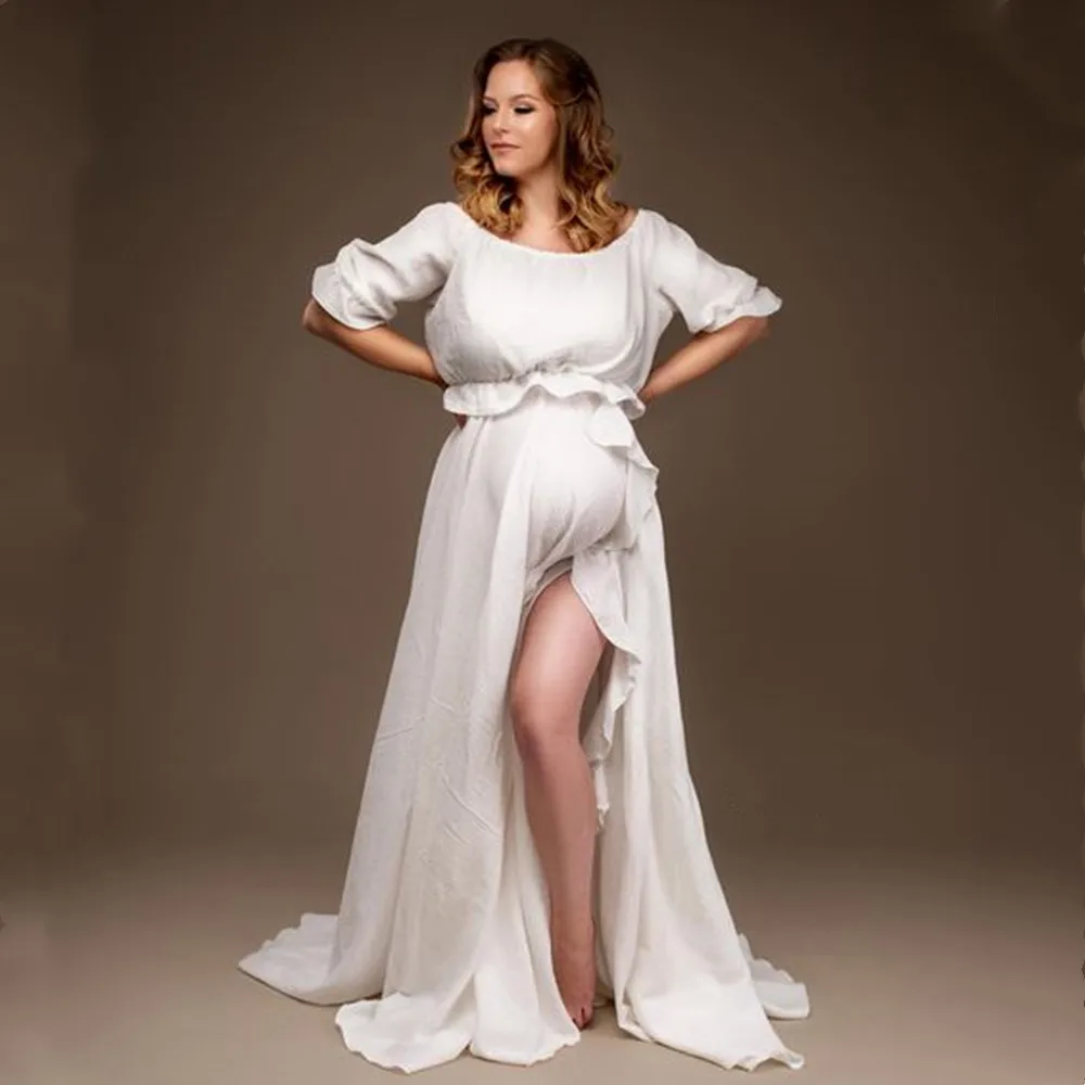 Two Pieces Cotton Maternity Outfit For Photo Shoot 2 in 1 Baby Shower Dresses Set Pregnant Woman Cotton Photography Dress