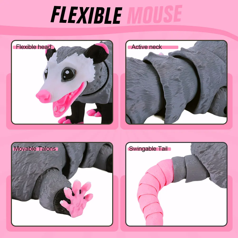 2Pcs 3D Printed Opossum Articulated Fidget Figurine Wear Resist Creative Home Opossum Decoration for Home Office Decor