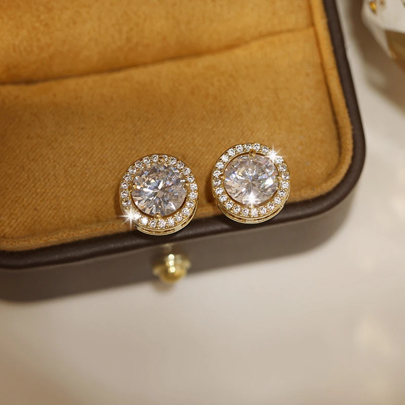 Luxury Crystal White Zircon Stud Earrings Simple Yellow Gold Color Round Vintage Wedding Jewelry For Women