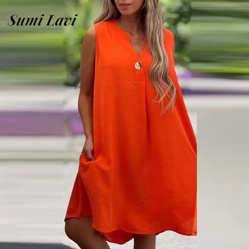 

Женское платье-миди без рукавов, с глубоким V-образным вырезом и пуговицами