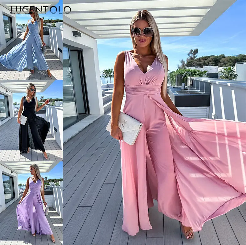 

Women Summer Sexy Jumpsuits Deep V Front and Back Sleeveless Lady Elegant Empire New Fashion Trench Fake 2-Pieces Wide-leg Pants