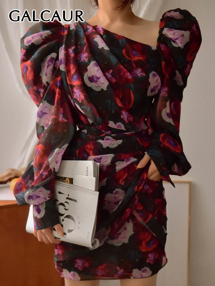 

GALCAUR Vintage Print Floral Dress For Women Diagonal Collar Lantern Sleeve High Waist Irregular Dresses Female Spring 2023 New