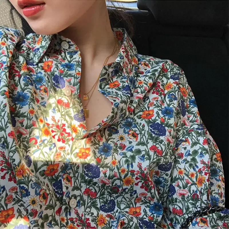 

Tops Women 2024 Shirt Spring Summer Long Sleeve Polo-neck Office Lady Korean Style Print Floral Single-breasted Elegance Vintage