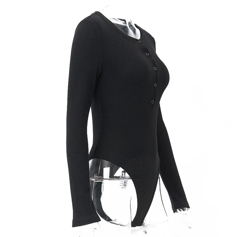WhereMery Autumn Solid Long Sleeve Bodysuit Fantasy 2023 Button Half Cardigan Ribbed Bodices Sexy Bodycon Night Club Bodysuits