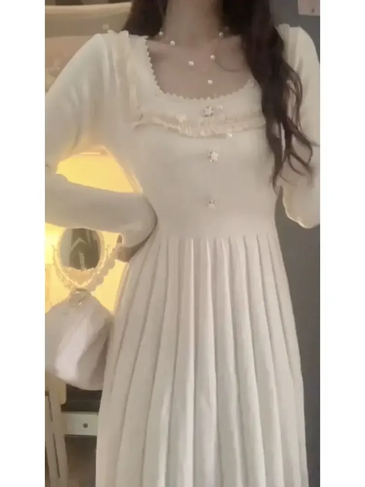 

2024 Autumn Winter Elegant Office Knitted Dress Women's Square Neck Long Sleeve Casual Retro Party F37