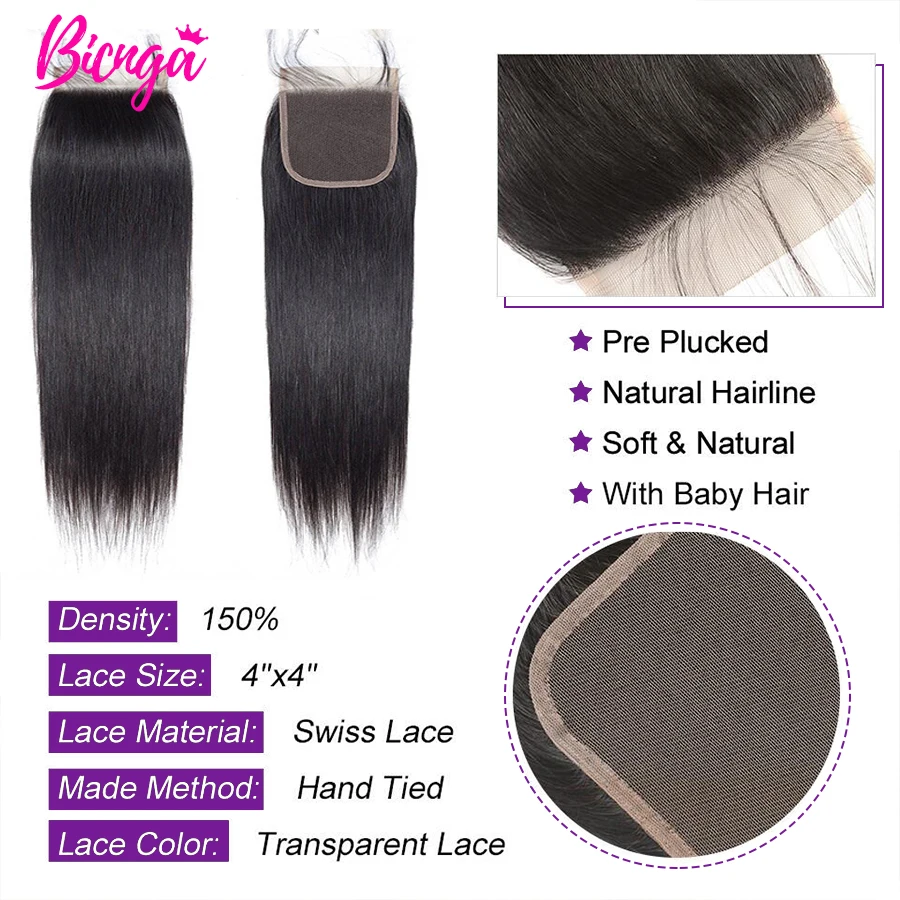 4x4/5x5 Closure Cheveux Humain Lace Frontal 13x4 Lace Transparente Closure Lisse Brésilienne Lace Frontal Cheveux Humain Cheveux Naturels Humains Femme Pre-Plucked Closure Lace Frontal Livraison En 3 Jours