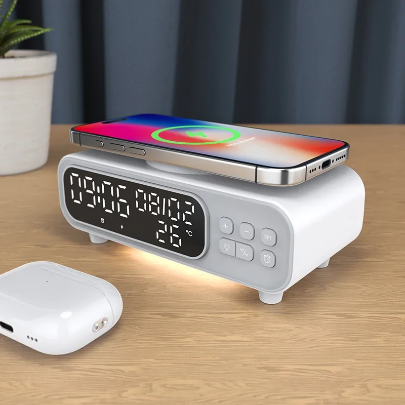 Wireless Charger Pad Time Alarm Clock LED Night Light Thermometer Phone Earphone Fast Charging Station for iPhone Samsung Xiaomi