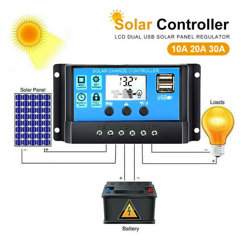Solar Charge Controller 12V 24V PWM 10A 30A Adjustable LCD Display Dual USB Port Timer Setting Auto Parameter solar battery charge controller