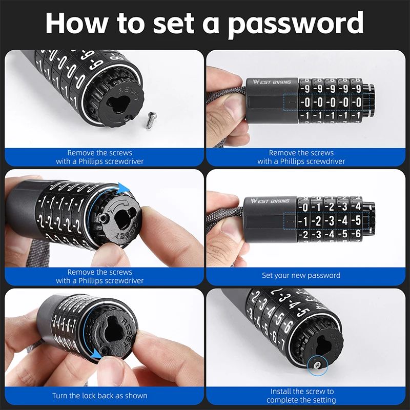 WEST BIKING Bicycle Anti-Theft Lock 5 Digits Combination Password Lock Bike Safe Chain Lock Scooter MTB Road E-Bike Accessories