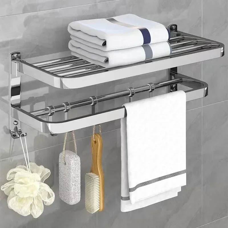 304 Stainless Steel Towel Rack Bathroom Storage Rack Non Punching Foldable Bathroom Towel Storage Hardware Pendant (towel rack,storage rack)
