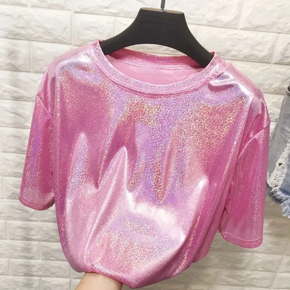 

Bright Silk T-shirt Summer Shiny Aesthetic Show Costumes Retro Style Stylish Dance Wear Women
