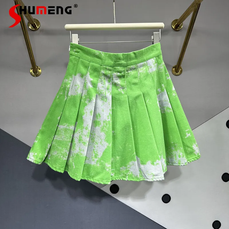 

Anti-Exposure Tie-Dyed Denim Skirt for Women 2023 Summer New High Waist Slimming Pleated Puffy A- Line Short Skirt Fashion