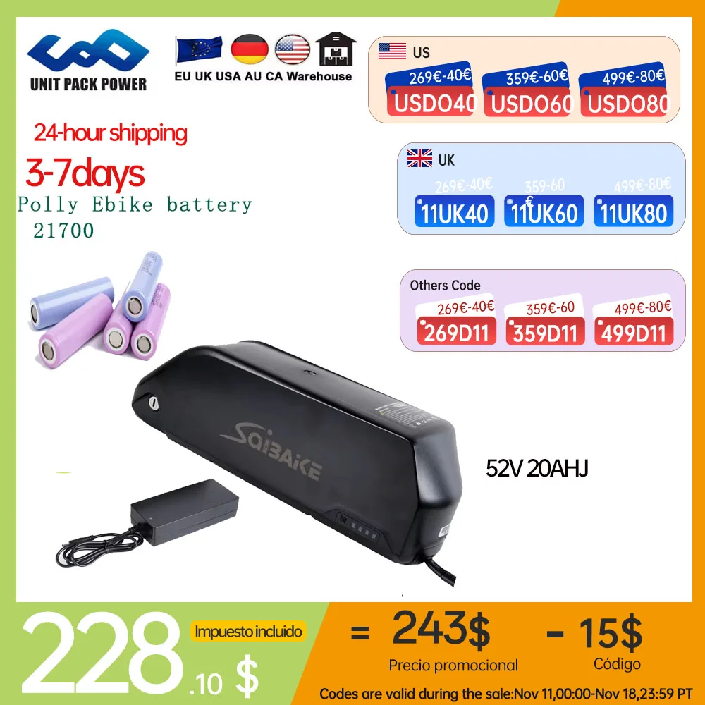 Lithium Battery Pack 48V 36V 52V 20AH 25AH Ebike Battery 21700 Electric Bike Downtube Polly Battery Lithium Motor 1500W 1000W 750W 500W 350W