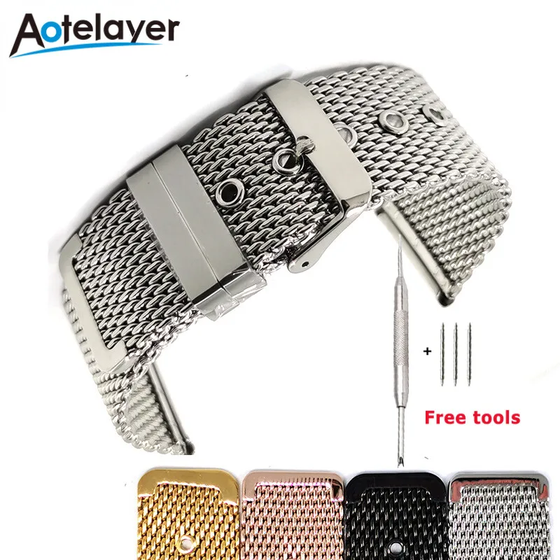 

18mm 20mm 22mm 24mm Width 1.0 Thick Line Full Solid Stainless Steel Pin Buckle Watchband Milanese Mesh Universal End Watch Band