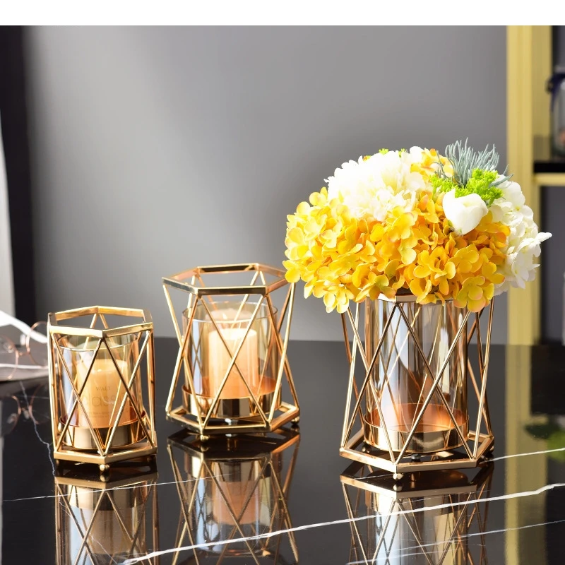 Metal Golden Vase Hexagonal Hydroponic Glass Flowers Pot Decorative Vase/candle Holder Dual-purpose Ornaments Vintage Home Decor - Image 3