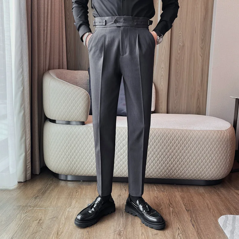 Temperament High Waisted Suit Pants for Men Solid Color Casual Business Dress Pants Versatile Wedding Office Social Trousers 38