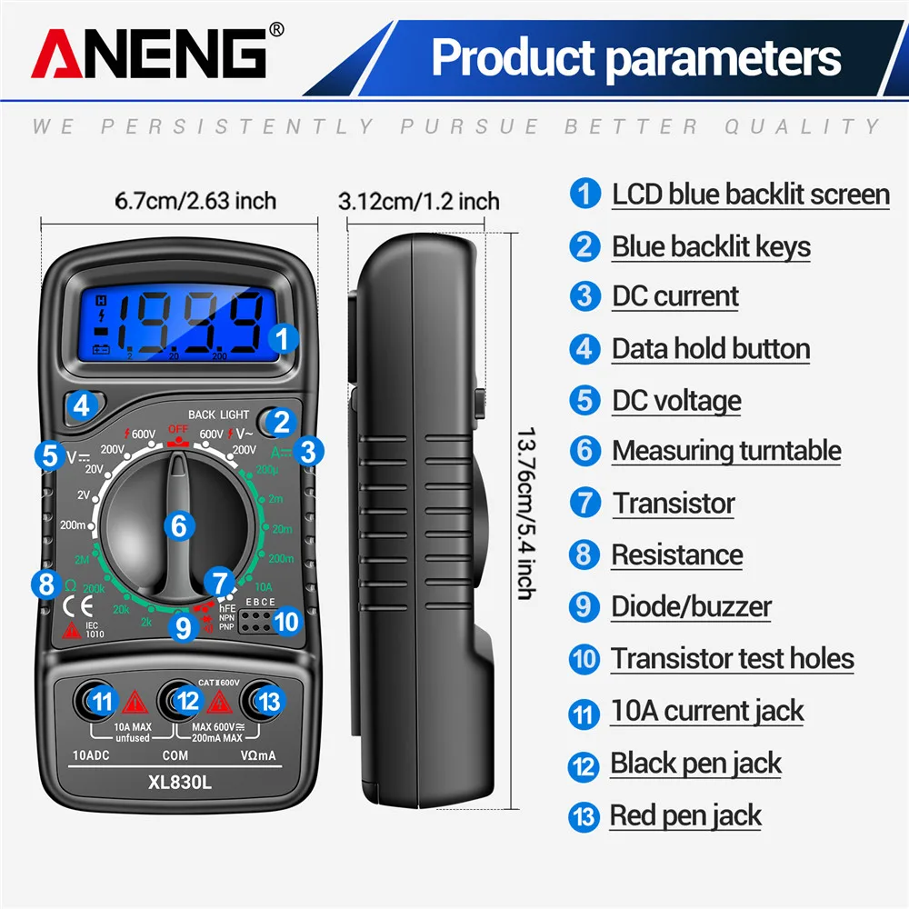 ANENG XL830L Multimètre Numérique LCD - Testeur Tension AC/DC