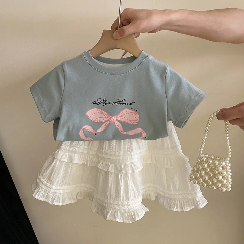 

Children Clothing Girls Set Korean Style Short-sleeved T-shirt 2024 Summer New Casual Sweet Solid Color Skirt Two-piece Set