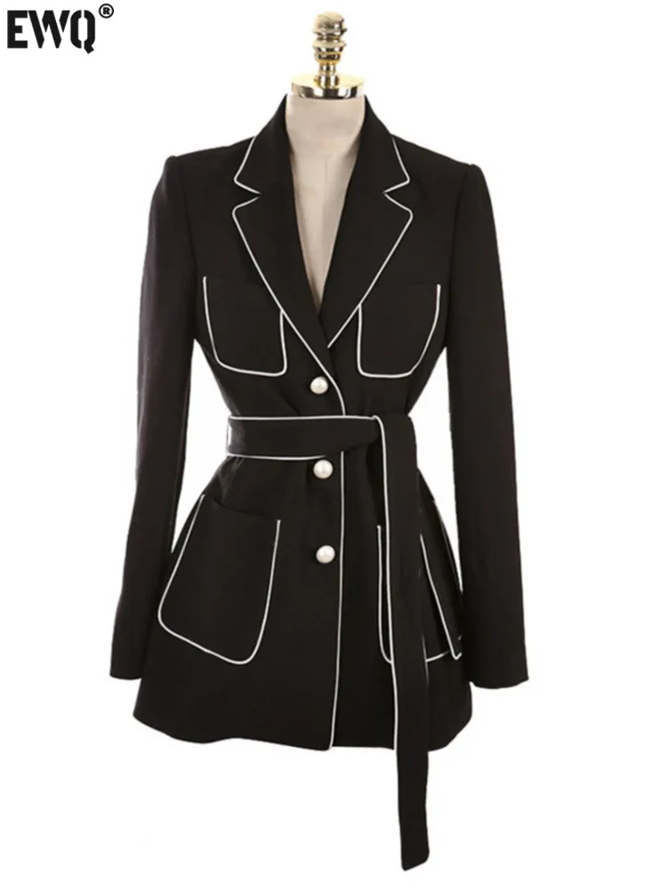 

[EWQ] Autumn 2023 Lapel Blazer Pearl Button Belt Versatile Top Long Sleeve High Quality Single Breasted Women Coat Tide KB8056