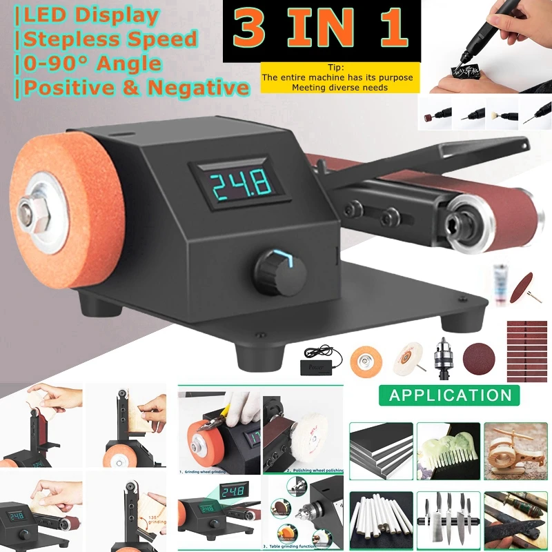 

3In1 LED Electric Knife Sharpener Sander Grinder 90°Cutter Mini 30MM Electric Belts Grinder Machine Stepless Speed DIY Polishing