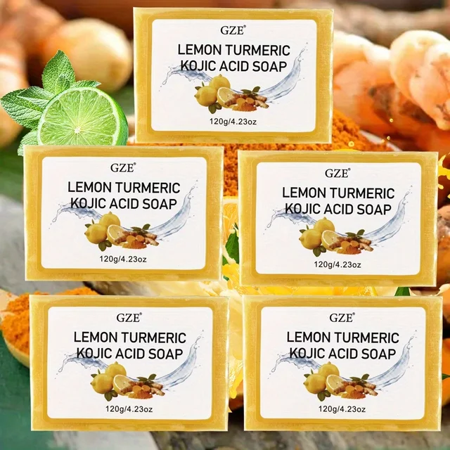 Paquet de 5 savon à l'acide kojique au citron et au curcuma GZE pour restaurer le corps, avec beurre de karité, pour les taches foncées du visage, le corps, rajeunissant, exfoliant 1
