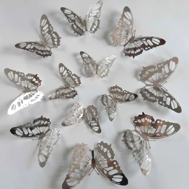 12Pcs Metal Texture Gold Artificial Butterfly Cake Topper Cake Decoration Simulation Butterflies Wedding Crafts Party Decoration E-Sliver