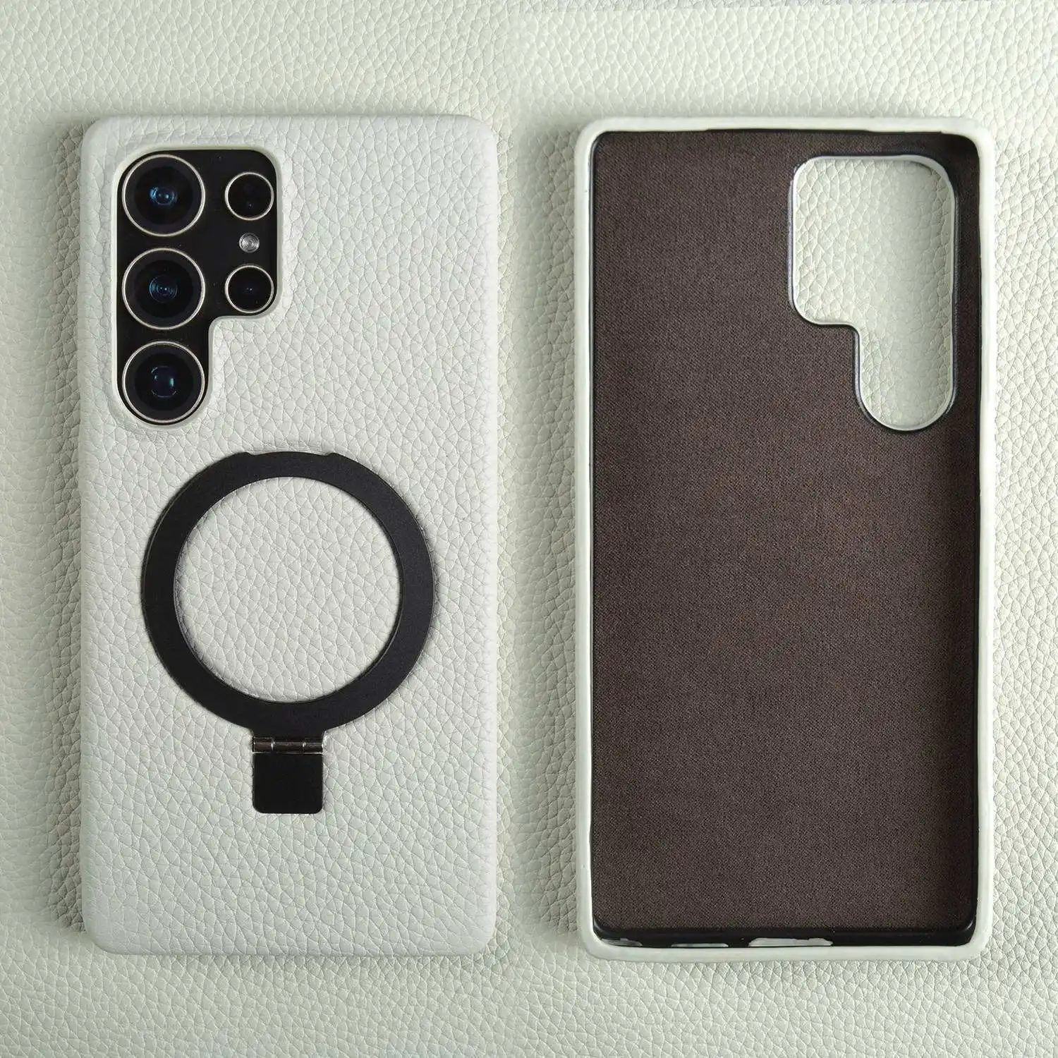 Genuine Leather Magnetic Ring Stand Phone Case with Back Cover