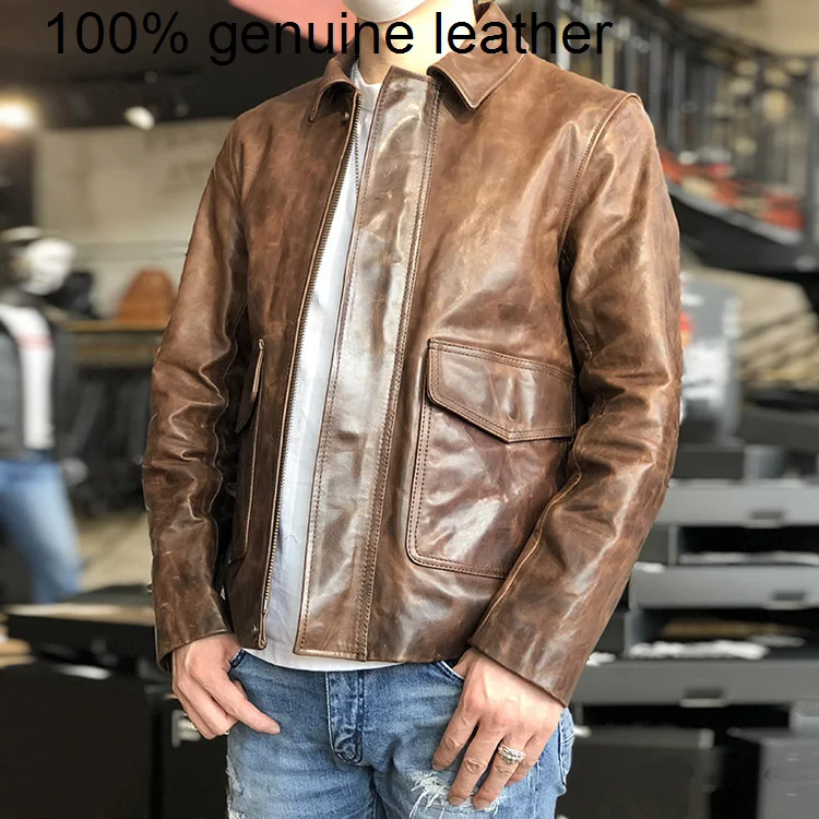 

batik 2023 Brown High horsehide jacket,casual style clothes,Man Vintage genuine leather coat,High quality