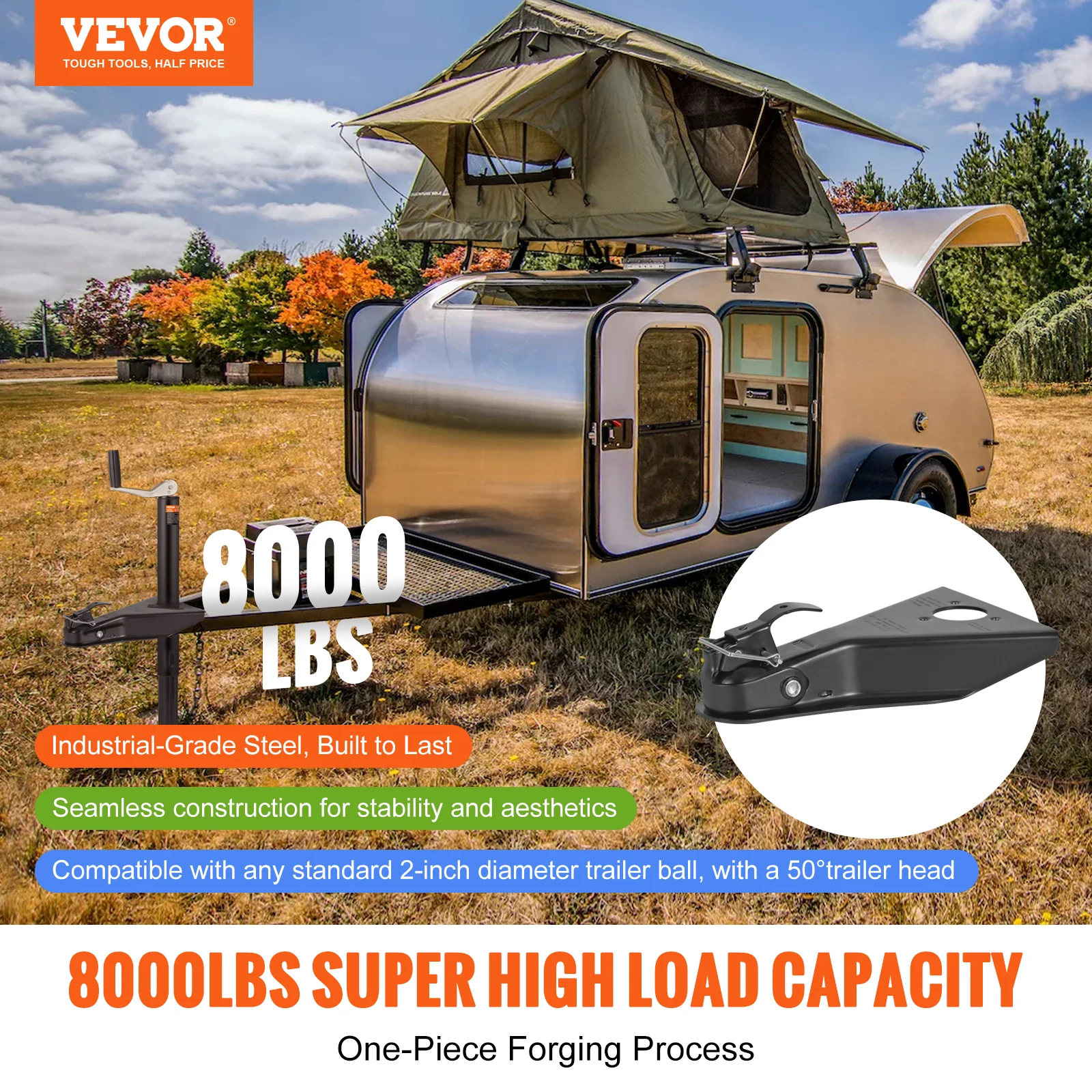 VEVOR 8000 lbs A-Frame Trailer Coupler Fits 2-Inch Hitch Ball Size Channel RV Parts Camper Accessories for Towing Station Trucks