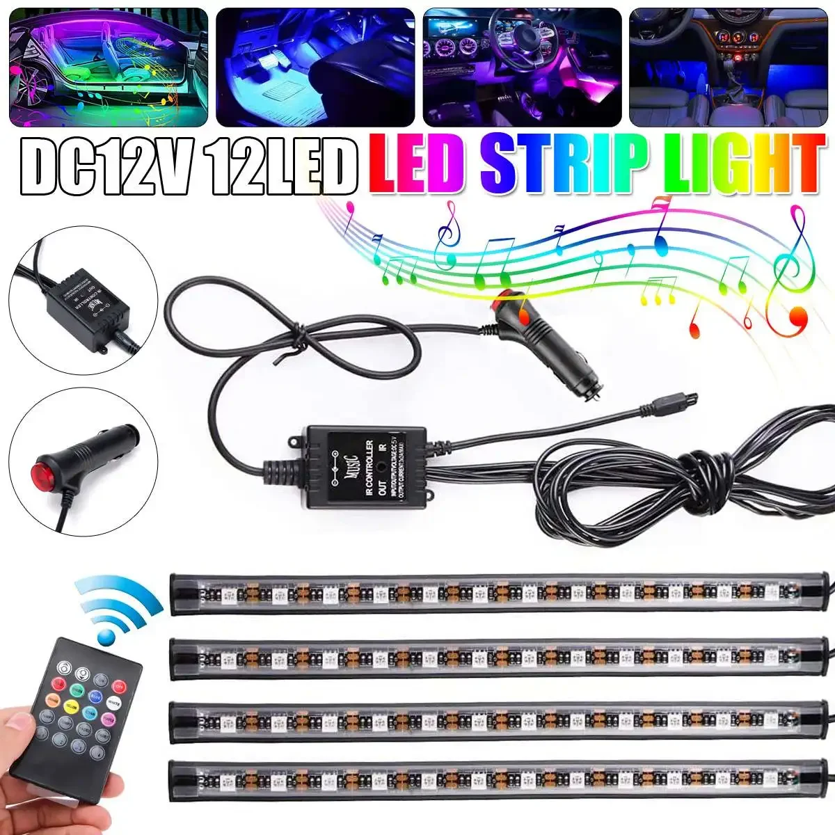 

4 in 1 Automotive Interior Decorative Lights LED Car Foot Light 12 LED RGB Atmosphere Lamp Ambient Lamp Remote/Voice Control