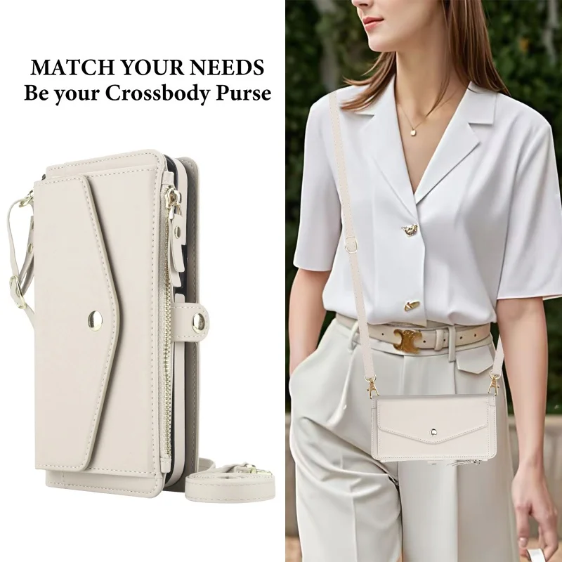 Elegant Leather Multi-Functional Wallet Phone Case with Lanyard Attachment
