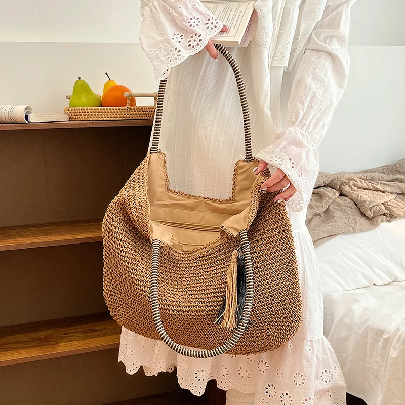 

Summer Straw Bag For Women Woven Handmade Handbag Large Capacity Lady Tote Vacation Beach Bag Rattan Shoulder Bag Shopping bag