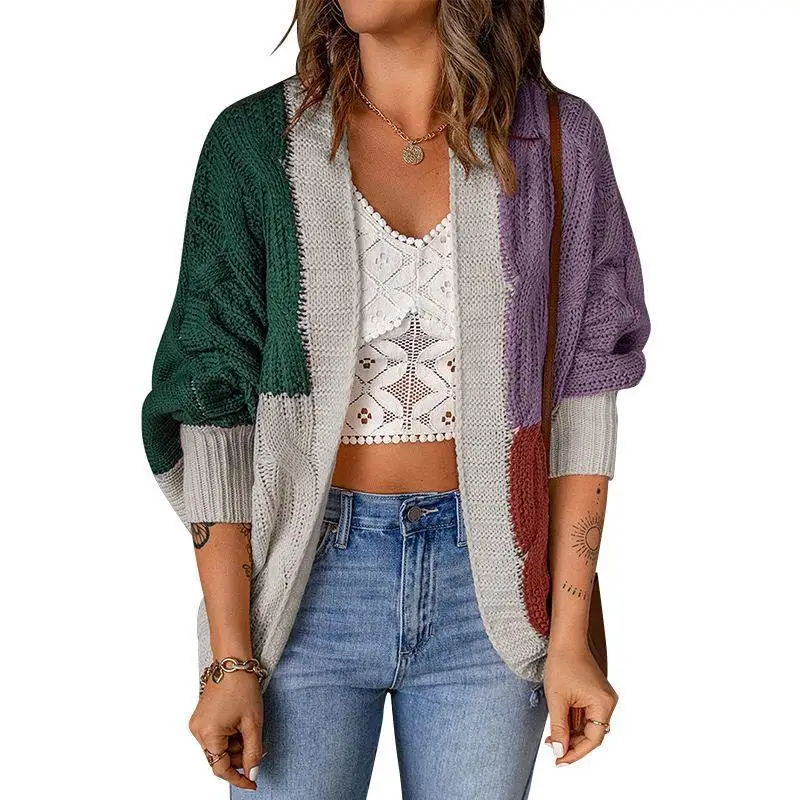 

Women's Contrast Color Loose Casual Shawl Autumn and Winter New Contrast Color Knitted Cardigan Sweater Coat Sweaters for Women