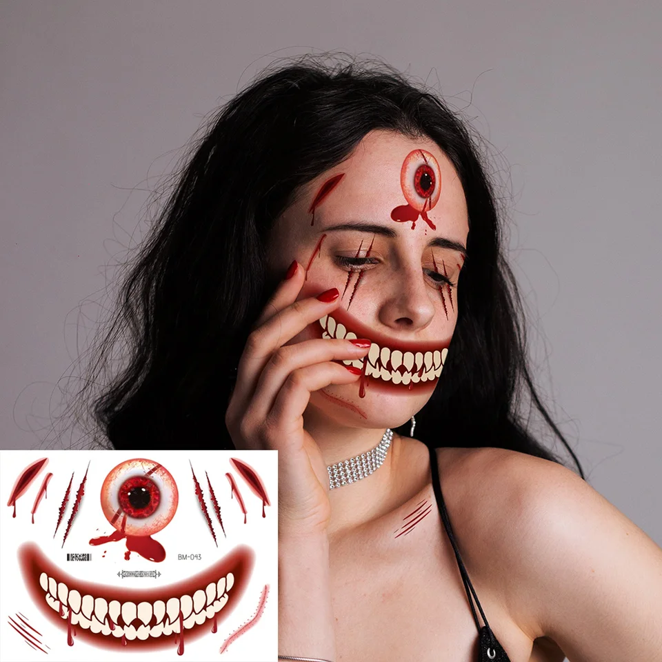 10 hojas de tatuajes temporales de Halloween, boca de terror, tatuajes 10 hojas de tatuajes temporales de Halloween, boca de terror, tatuajes