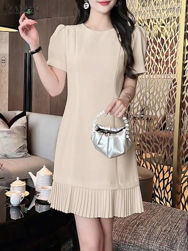 

Элегантное нежное женское строгое платье ZANZEA, облегающее женское короткое платье с пышными рукавами и круглым вырезом, однотонное модное плиссированное платье