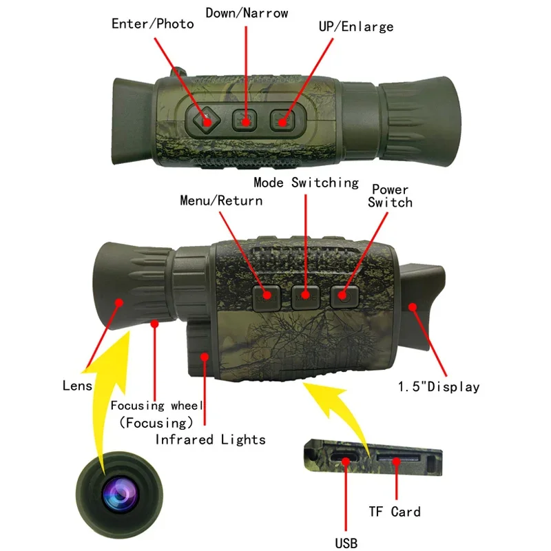 NV1000 Night Vision Monocular Infrared Night Vision Camera 9 Languages 5X Digital Zoom 200M Full Dark Viewing Distance for Hunt
