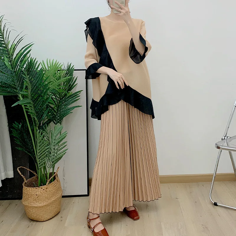 

Folding Suit Female Spring 2024 New Lotus Edge Irregular Top+casual Wide-leg Pants Joker Two-piece Suit